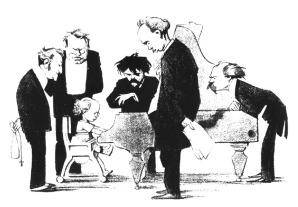 Caricatura aparecida en un número de Neues Wiener Tagblatt de 1911, que muestra al niño prodigio Korngold rodeado por las asombradas lumbreras musicales del momento: de izquierda a derecha, Siegfried Wagner (hijo de Richard), Max Reger, Artur Nikisch, Richard Strauss y Eugen d’Albert